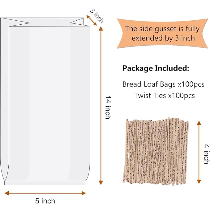 Small Bread Poly Bags,100 Pcs 14x3x5 Inches Bread Loaf Packing Bags with 100 Twist Ties,Clear Thick Gusseted Grocery Bakery Bag (Small-5x3x14)