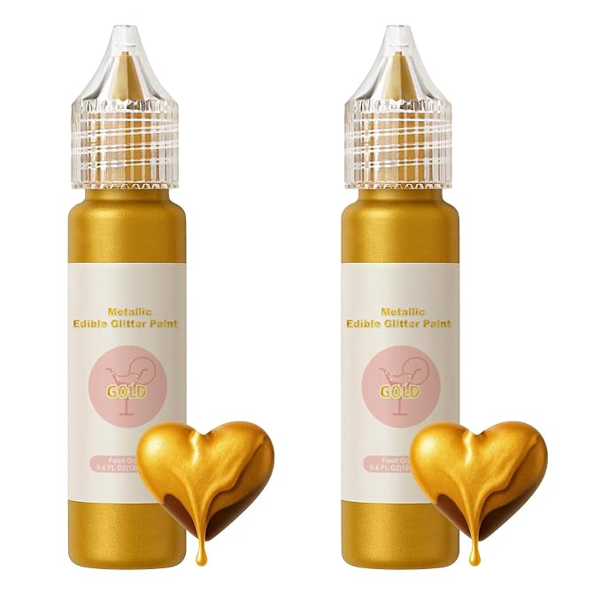 Edible Glitter Paint Set - Metallic Food Coloring Paint for Baking Cake Decorating -Vegan Art Decorative Cake Paint for Cupcakes, Cookies, Fondant, Donuts, Macaron, Candy 12ml/Each Bottle- 2 Gold
