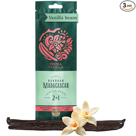 PREMA VANILLA 3pcs Pure Madagascar Vanilla Beans Grade A, Bourbon Pods for Making Homemade Vanilla Extract, Premium Fresh Whole Vanilla Bean Best for Baking Cooking & Desserts, Gluten-Free Rich Aroma