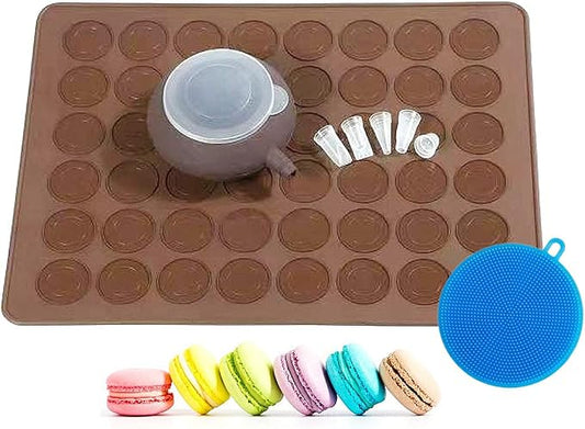 Food Grade Silicone Brown color Macaron Baking Kit Tray Set w. Piping Pot 4 types of nozzles & 1 Cleaning Scrubbing pad non stick reusable Macaroon Baking Supplies