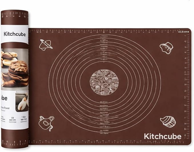 Silicone Baking Mat for Rolling Dough – Non Stick Pastry Mat with Measurement Guide for Fondant, Pizza, Bread, Pie Crust, Cookies & Baking – Reusable Food Grade Silicone Bake Mat Brown