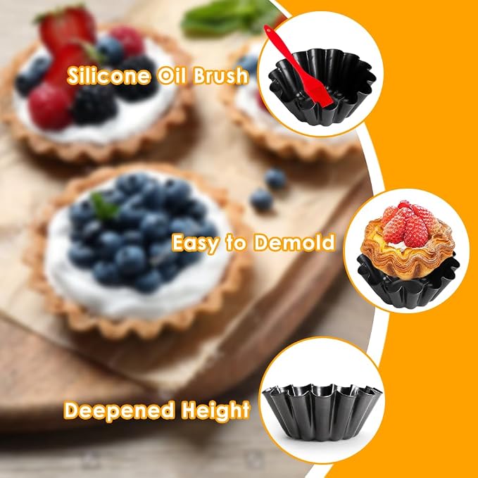 12 Pack Mini Pie Pans, 5.1 Inch Mini Pie Tins Heavy Duty Deep Quiche Pan, Carbon Steel Mini Tart Pan Nonstick Reusable Round Small Pie Pans Fluted Side with Oil Brush&Silicone Scrubber