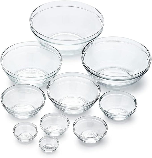 Duralex Le Gigogne Glass Mixing Bowl Set – 10-Piece Clear Stackable Prep Bowls Made of Durable Glass