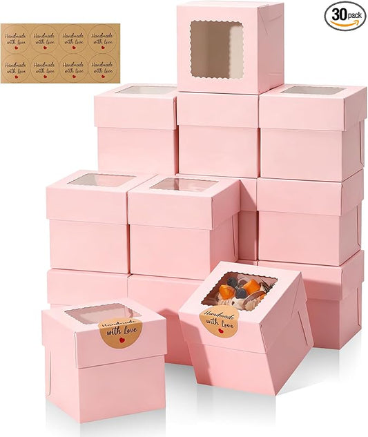 COTOPHER 30Pcs Mini Cake Boxes, 4x4x4 Inches Pink Bakery Boxes with Window, Small Dessert Box Cake Packaging for Pastries, Cookies, Chocolates, Cupcakes, Birthday Party, Wedding