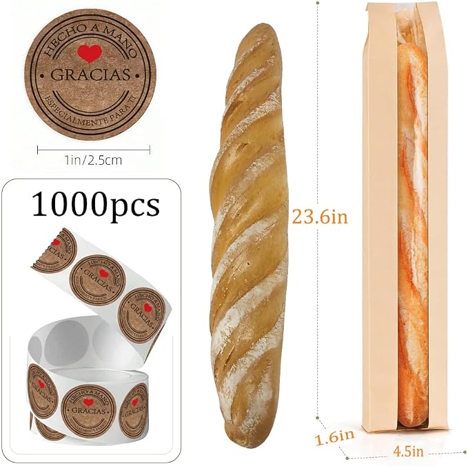 Bread Bags for Homemade Bread with 1000 Labels, 120-Pack 4.5 x 1.6 x 23.6 Inch Paper Bags for Bread with Clear Window, Bakery Gift Packaging for Baguette, Sourdough Storage