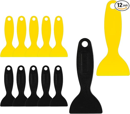 TIESOME 12 Pcs Plastic Spatula Scraper, Plastic Spatula Paint Scrapers, Air Bubble Remover Sticker Installation Tool, Flexible Resin Scraper Paint Scrapers for Decal, Grout Removal (Black, Yellow)