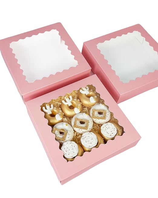 Bakepacker 240pcs Pink Pie Boxes 8"x 8"x 2.5" Easy Assemble Macaroon Cookie Boxes Bakery Boxes with Window for Bakery (Auto-pop Up)