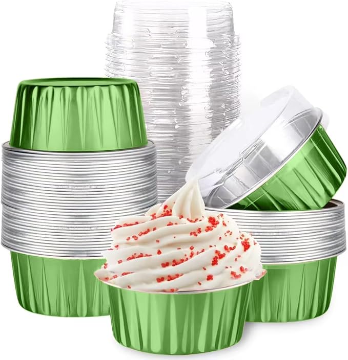 Mini Aluminum Foil Cupcake Baking Cups with Lids (40pcs, 5oz) Round Cupcake Foil Liners Tart Pie Tin Pan Holder - Disposable Mini Cake Containers Flan Molds for Pudding, Souffle, Party, Wedding