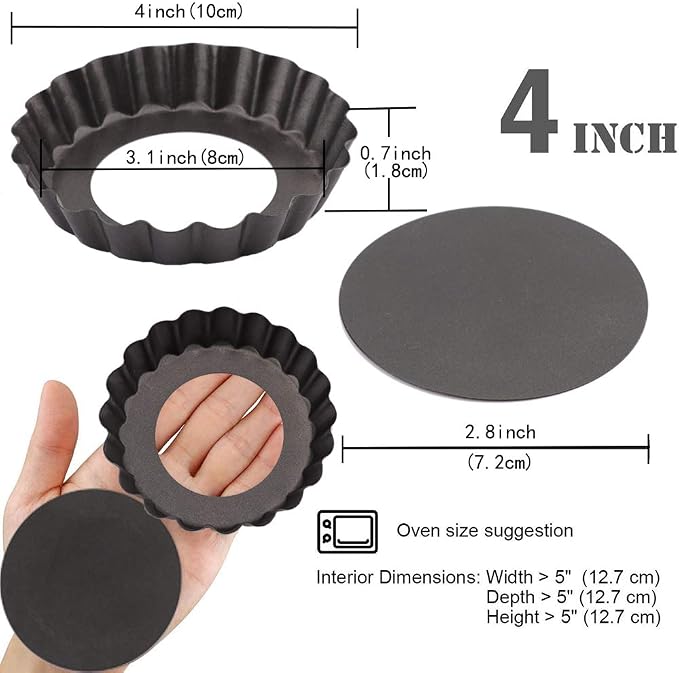 6 Pack Mini Tart Pans Non-Stick 4 Inch Quiche Pan with Removable Bottom Round, Heavy Duty Fluted Side Tart Pan for Pies, Mousse Cakes, Quiche Bakeware and Desserts