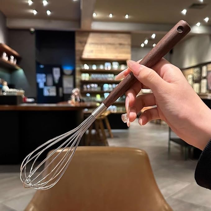 Whisk Set, 2 PCS Stainless Steel Whisk with Walnut Wooden Handle, Kitchen Wire Egg Beater Hand Whisk for Cooking, 11.42" & 10.24"