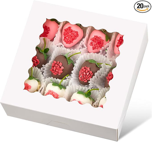Ocmoiy 20 Pack Pie Boxes, 8 x 8 x 2.5 Inches Bakery Boxes with Window, Auto-Popup Cookie Treat Boxes for Chocolate Strawberries, Pastries, Muffins, Donuts
