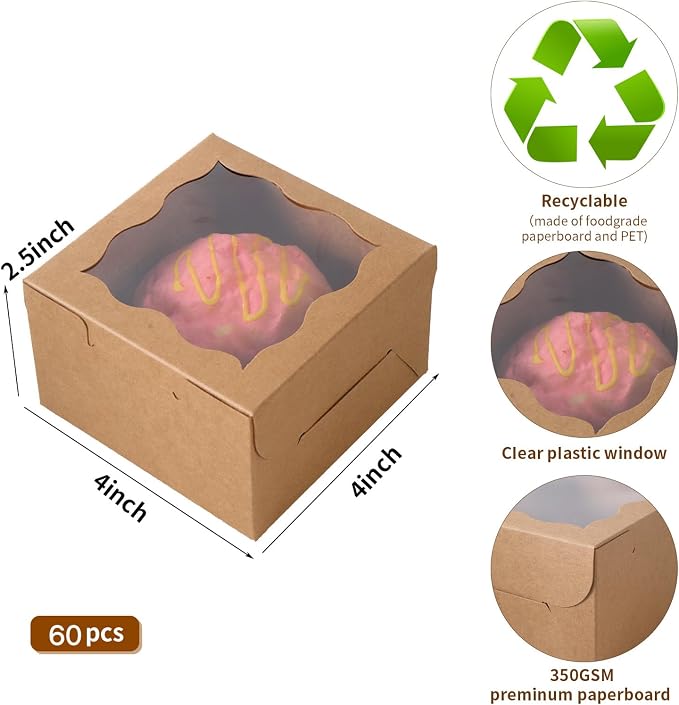 60pcs Brown Small Cake Box,4x4x2.5 Inch Bakery Boxes with Window,gift boxes bulk for Mini Cake Pastry Dessert Strawberries Chocolates Cupcakes with Stickers