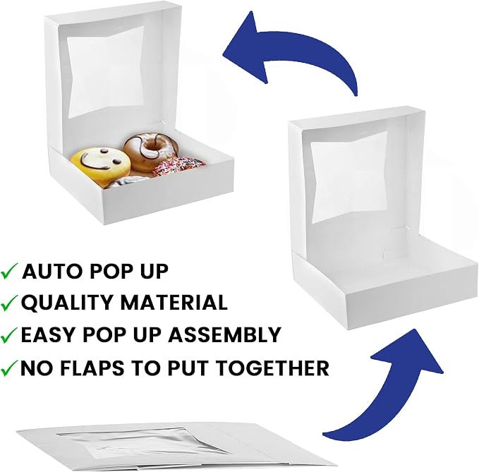 MT Products White Cookie Box 8" x 8" x 2.5" - Auto Pop-Up Bakery Boxes with Window (Pack of 15) - Made in USA