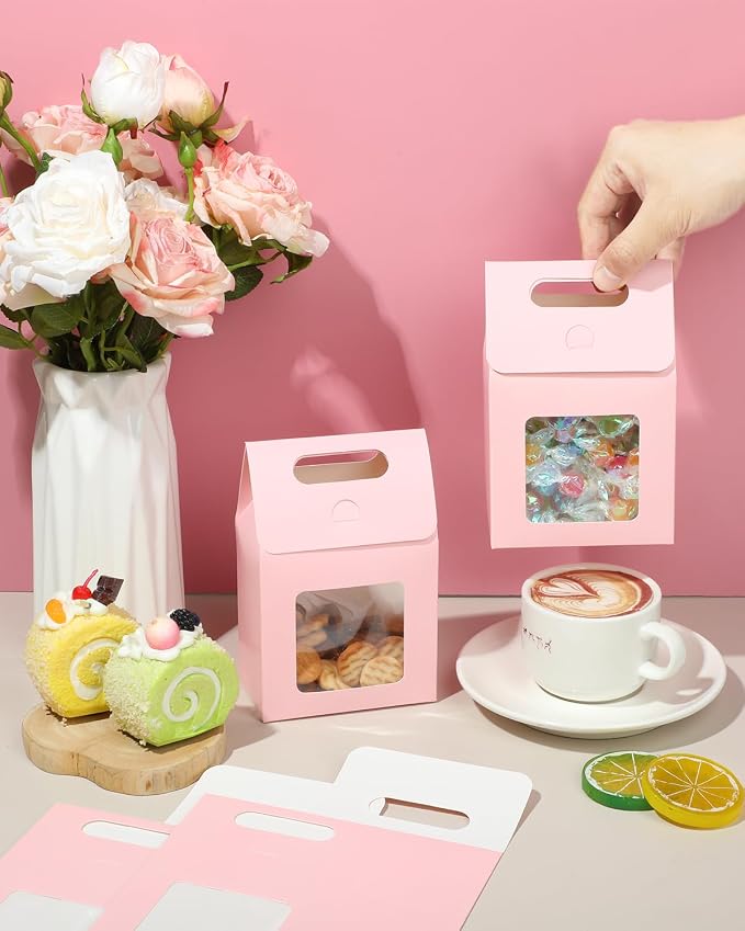 24 Pieces MINI Kraft Paper Gift Bags with Clear Window Small Goodies Gift Boxes with Handle 5.9 x 3.9 x 2.3inch Gable Candy Treat Box for Purim, Bakery Cookies, Wedding Favors, Small Business (pink)