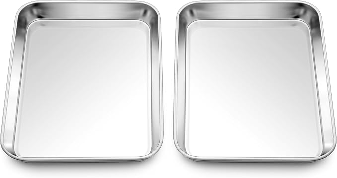 Homikit 2 Pack Baking Sheet, 9 x 7 Inches Stainless Steel Cookie Tray Set for Cooking Toasting, Mini Metal Cookie Toaster Oven Baking Pan Non Stick, Rustproof & Mirror Finish, Dishwasher Safe