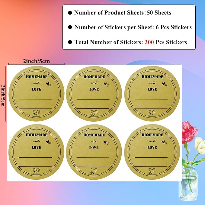 300 Pcs Baked with Love Stickers, 2 Inch Round Baking Labels, Kraft Baked Tags, Homemade Baking Stickers for Cookie Bags, Dessert Boxes