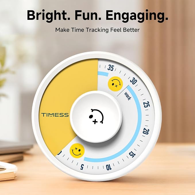 60-Minute Visual Timer, Twist to Set, Loud Battery-Powered Alarm, Manual Rotary Countdown Dial for Study, Focus, Classroom, Office & Home Time Management (White Smile)