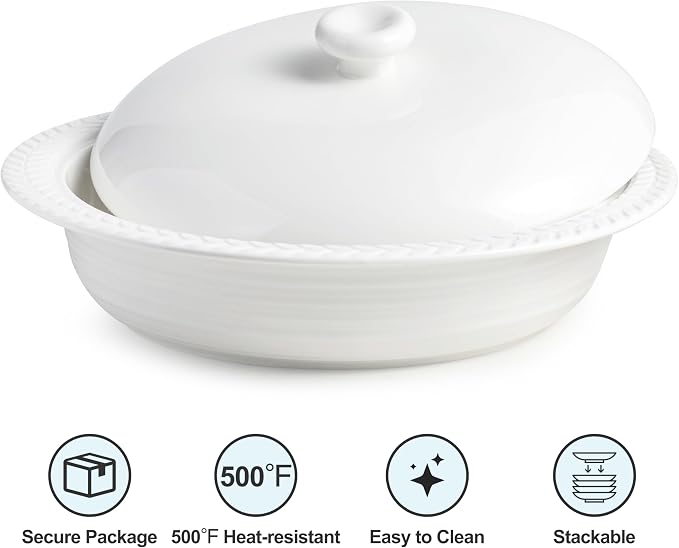 Deep Dish Pie Pan with Lid, 11 inch Ceramic Pie Dish, Round Baking Dish for Apple, Quiche, Pot Pies, Tart, etc, Microwave, Dishwasher, and Oven Safe