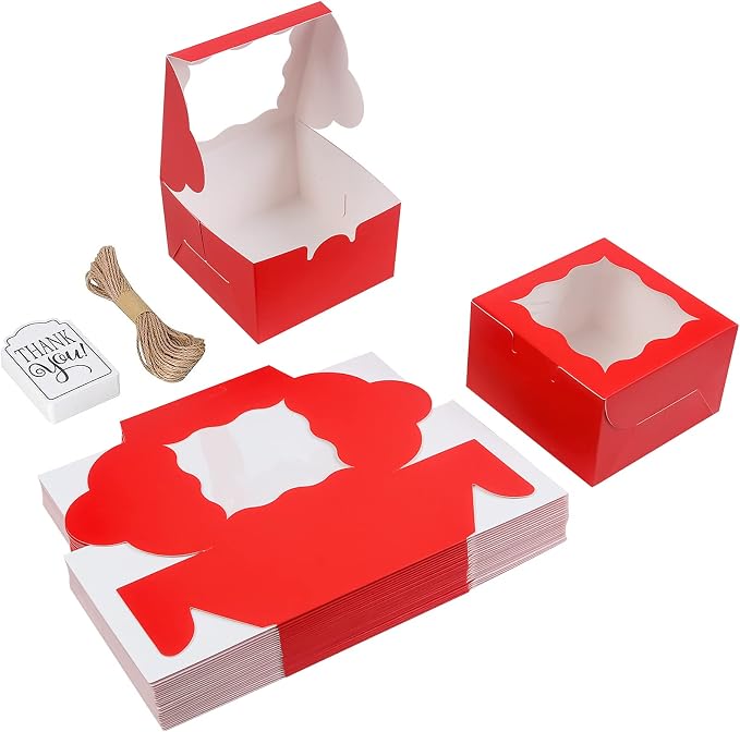 KPOSIYA 60 Pcs Red Bakery Boxes with Window Individual Cupcake Boxes 4x4x2.5 Inches Cookie Boxes Kraft Paper Red Gift Box for Pastries, Cookies, Pie, Donuts, Macaroon
