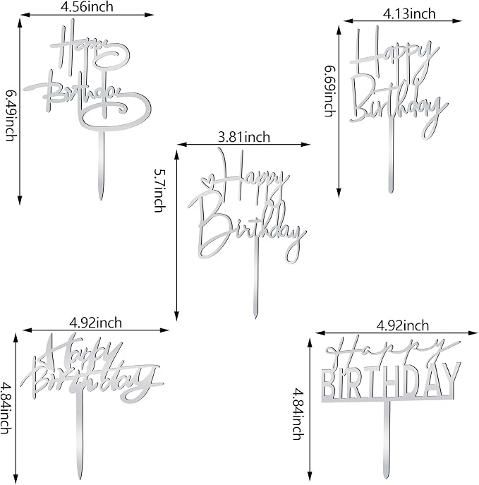 10 PCS Silver Happy Birthday Cake Topper Acrylic Cupcake Topper Birthday Supplies Decorations