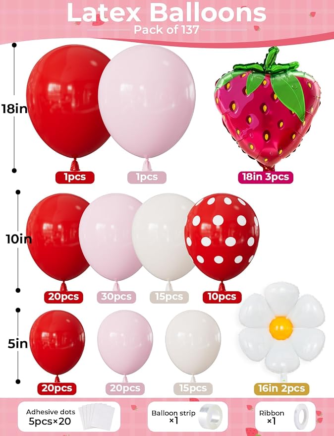 Strawberry Balloon Arch Garland Kit, 137 Pcs Pink Red Cream Balloons with Strawberry and Daisy Foil Balloons, Sweet Berry First Birthday Decor for Girls, Baby Shower, Princess Party Decorations