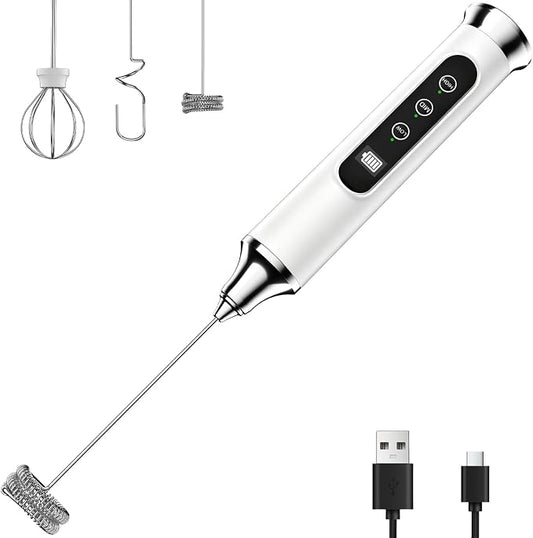 YUSWKO Milk Frother Wand for Coffee, Coffee Frother Handheld Drink Mixer | Rechargeable Mixer Wand, Waterproof Electric Whisk for Protein Powder, Lattes, Cappuccino, 3 Variable Speeds 3 Whisks, White