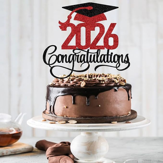 Black red Glitter 2026 Congratulations Graduation Cake Topper,Congrats Grad Cake Decor - 2026 High School/College/Senior Graduation Party Decorations Supplies