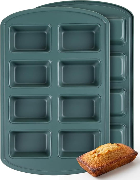 CARTMAN 2-Pack 8-Cavity Mini Loaf Pans Set with Spatula & Brush – 15.5” x 10” Nonstick Carbon Steel Small Bread Pan for Banana Bread, Meatloaf & Keto Snacks Sage Green