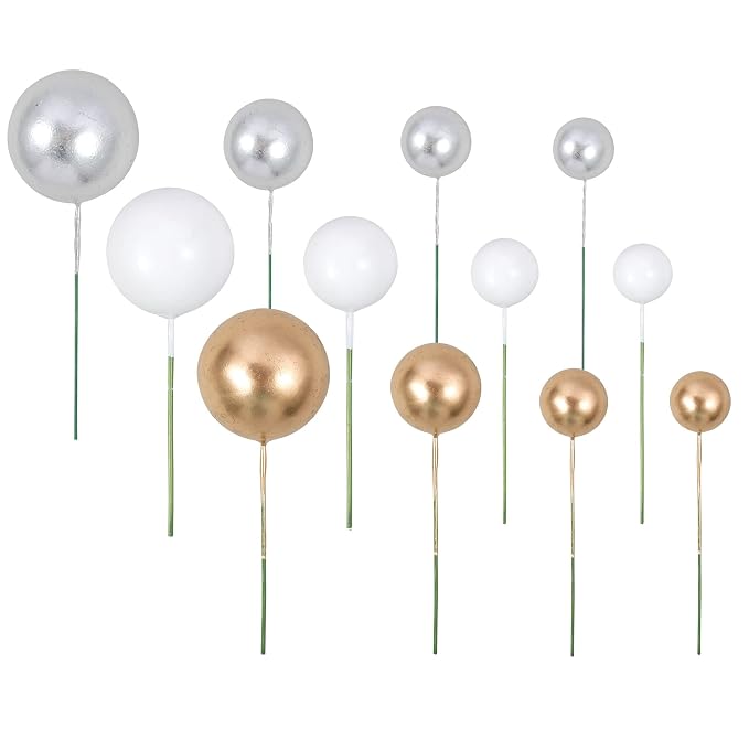 Gyufise 30Pcs Balls Cake Topper Foam Ball Cake Picks Mini Balloon DIY Cake Insert Topper Decoration for Baby Shower Wedding Anniversary Kids Birthday Party Cake Decorations Gold Silver White