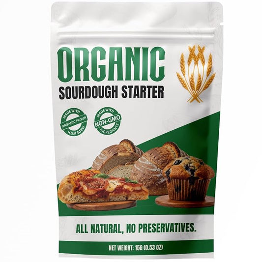 Organic Sourdough Starter - Non-GMO Dehydrated Heirloom Style Organic Sourdough Starter Kit for Sourdough Bread, Pizza, Buns, Pancakes, Muffins | Easy to follow instructions.