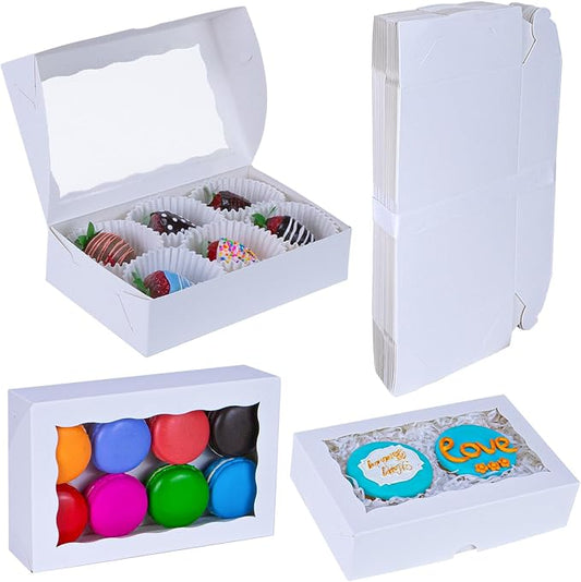 50 Pcs 8"x6"x2.5"White Bakery Boxes with Window, Pastry Box for Chocolate Strawberries, Cookies, Macarons, Truffles, Perfect for Valentine's Day, Mother's Day, Christmas Party Favors & Holiday