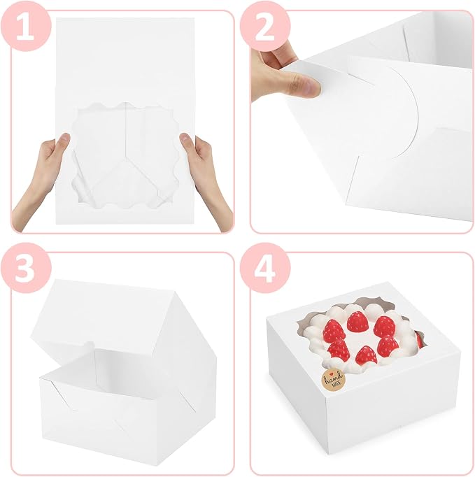 Eupako Auto-popup 10x10x5 Cake Boxes with Window, 24pcs Quick Fold White Bakery Boxes, Easy Assemble Gift Box for Pies, Cookies, Pastries, Chocolates, Party, Wedding