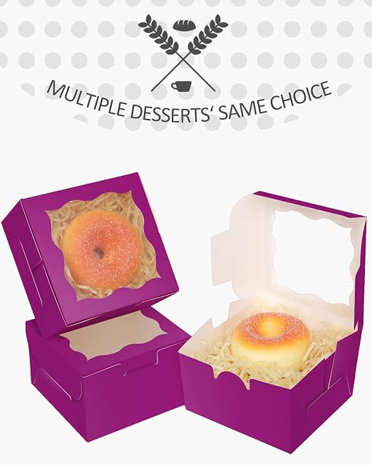 qiqee 4*4*2.5inch/55Packs Bakery Box with Window Deep Purple Macaron Boxes Small Donut Pastry Boxes for Party Mini Cookie Boxes(5 Diferent Gift Include)