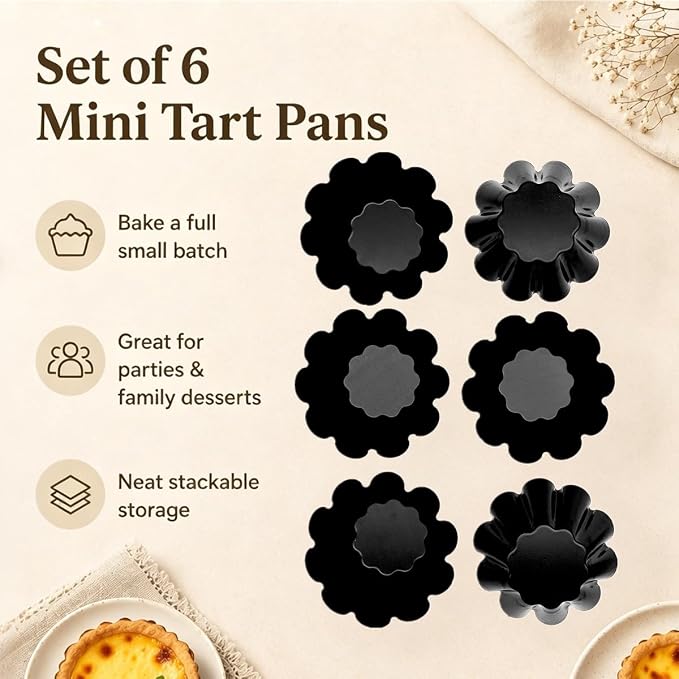 6-Pack 3.74 Inch Nonstick Mini Tart Pans Fluted Side for Pies Pan Round Deep Quiche Mold Heavy Duty Carbon Steel Baking Cupcake Egg Tarts Mousse Cakes Fruit and Desserts Molds for Oven