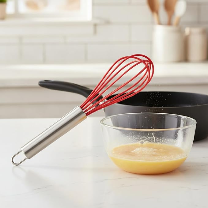 13 Inch Silicone Coated Wire Whisk for Non-Stick Cookware, Stainless Steel Mixing Tool, Red