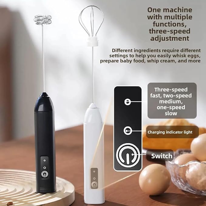 Milk Frother Handheld Rechargeable Electric Frother Wand Coffee Foam Maker with 2 Stainless Stee Whisks & 3 Speeds,Drink Mixer Handheld for for Latte, Cappuccino, Hot Chocolate, Matcha, Egg (Black)