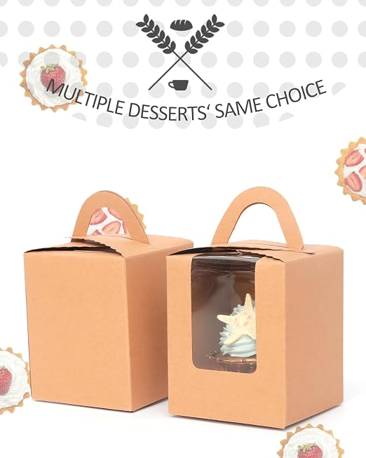 qiqee Auto-pop Brown Cupcake Boxes Individual Disposable 3.7x3.7x4.5inch 100pcs Cupcake Disposable Single Box with Window