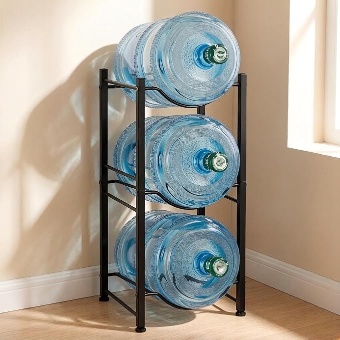 5 Gallon Water Jug Holder 3 Tier Water Bottle Storage Rack Organizer Heavy Duty Metal Water Dispenser Stand for Kitchen Office Garage Black