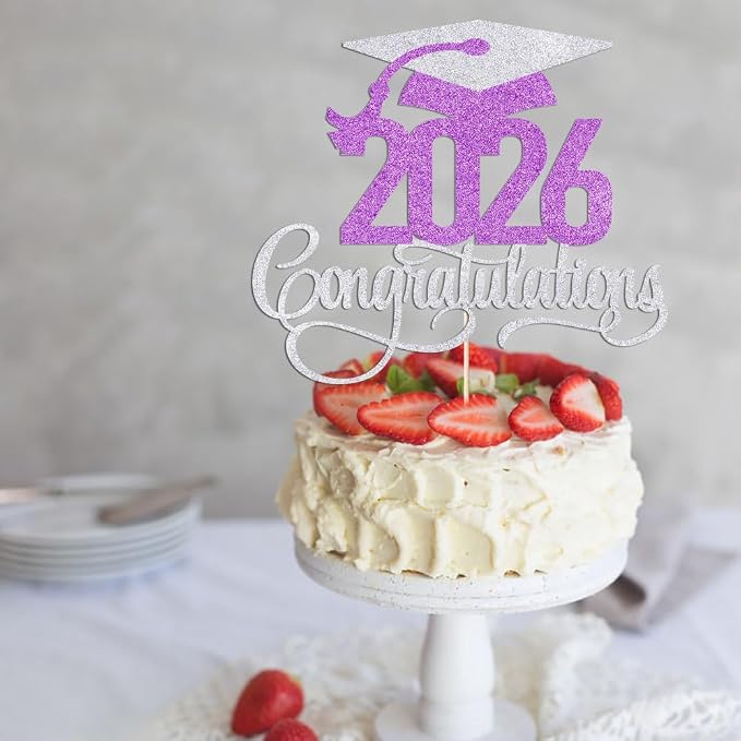 Silver Purple 2026 Congratulations Graduation Cake Topper,Congrats Grad Cake Decor - 2026 High School/College/Senior Graduation Party Decorations Supplies