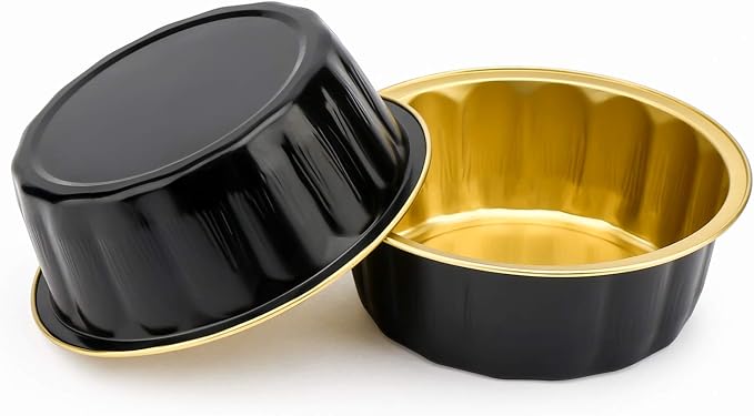 Beasea Disposable Ramekins with Lids, 8 oz 50 Pack Black Gold Aluminum Foil Cups, Disposable Creme Brulee Muffin Cupcake Baking Cup Mini Pudding Cups for Party Wedding Birthday
