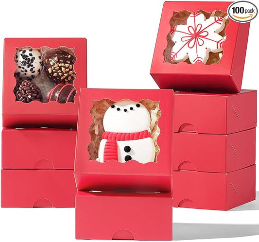 3.2x3.2x1.5 Inches 100PCS Chocolate Truffle Boxes Mini Bakery Boxes with Window for Cookies,Soap,Donut, Macaron,Brownie(Red)