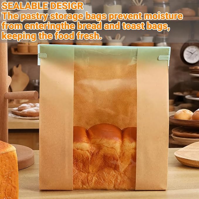 Sourdough Bread Bags with Tin Tie Lock - 60 Pack 13.8x3.5x8.2 Inch Paper Bread Bags for Homemade Bread Cookie Bags with Clear Window 500 Labels Bakery Bags for Bread Storage Baked Goods Packaging