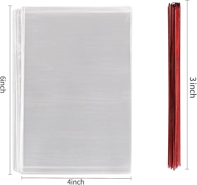 MoloTAR 200 Pcs 6 in x 4 in(1.4mil.) Clear Flat Cello Cellophane Treat Bags Good for Bakery, Cookies, Candies,Dessert with five random color Twist Ties