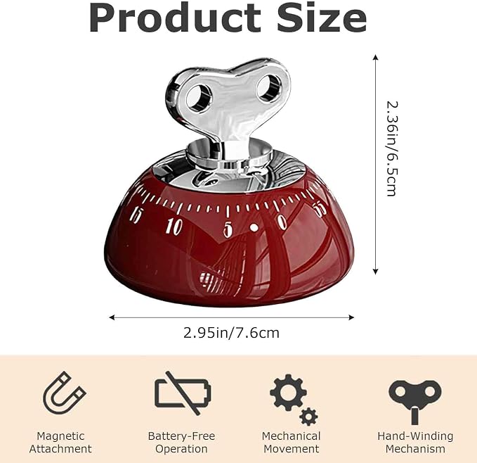60-Minute Mechanical Timer with Loud Alarm & Strong Magnetic Back, Visual Countdown Clock for Cooking, Study, Fitness, and Classroom Use (Red)