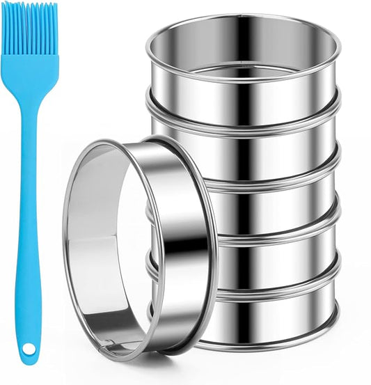 Catcan 6 Pieces English Muffin Rings, 3.15 Inch Stainless Steel Crumpet Ring Double Rolled Tart Nonstick Metal Round Molds with Silicone Oil Brush