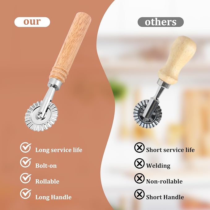 SHANGSKY Pastry Cutter Wheel, Ravioli Cutter Wheel with Long Wooden Handle, Pasta Cutter Dumpling Lace Making Noodle Ruffled Edge Cookies Pie Cutter Kitchen Dough Cutting Tool