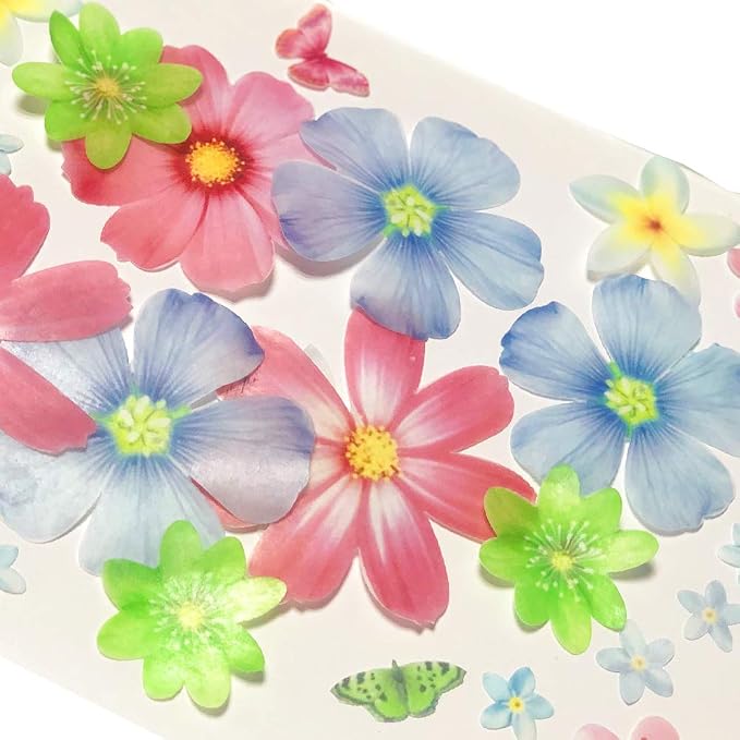 54x Wafer Edible Flowers Butterflies Cake Toppers Edible Decoration, Edible Flower Cupcake Toppers for Birthday, Wedding, Baby Shower, Spring Themed Party Baking Decorations