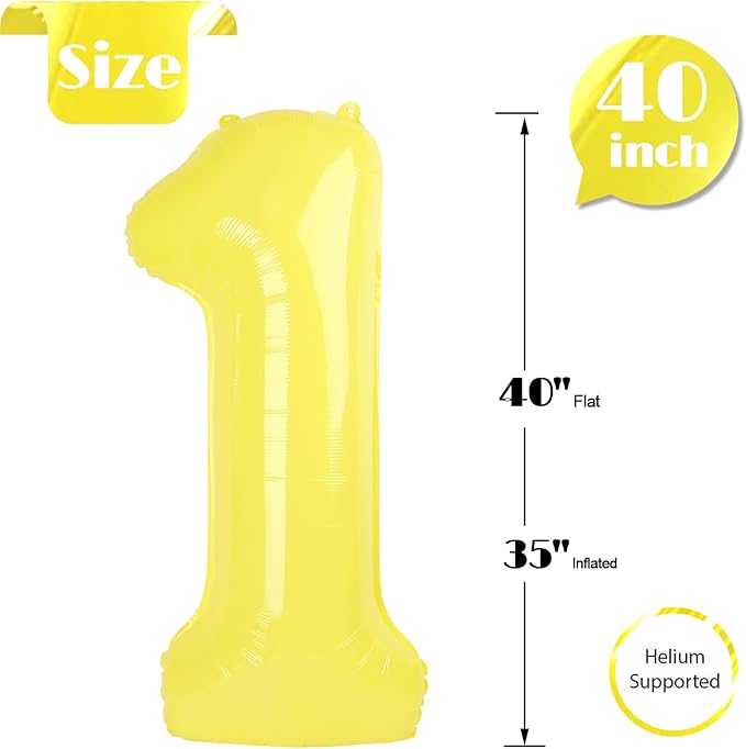 Yellow Number 1 Balloon 40 Inch, 1st Birthday Balloon for Baby Boy Girl Toddler First Birthday Decorations, Shiny Yellow Party Supplies