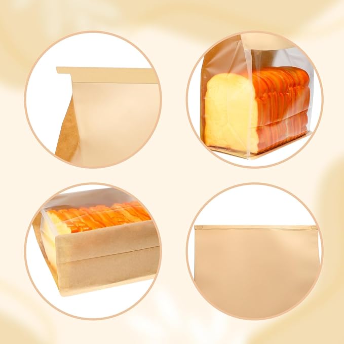 50PCS Bread Bags for Homemade Bread 13.7×9.8×4.9inch Paper Breads Bag with Clear Window Tin Tie Tab Lock Large Kraft Sourdough Breads Bag Paper Bakery Bags for Cookies
