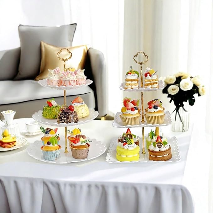 RAUVOLFIA 2 Pack of Plastic Round & Square Dessert Cupcake Stand, 3 Tier Cup Cake Holder Tower for Tea Party/Birthday/Wedding, Plastic Tiered Serving Tray (White)
